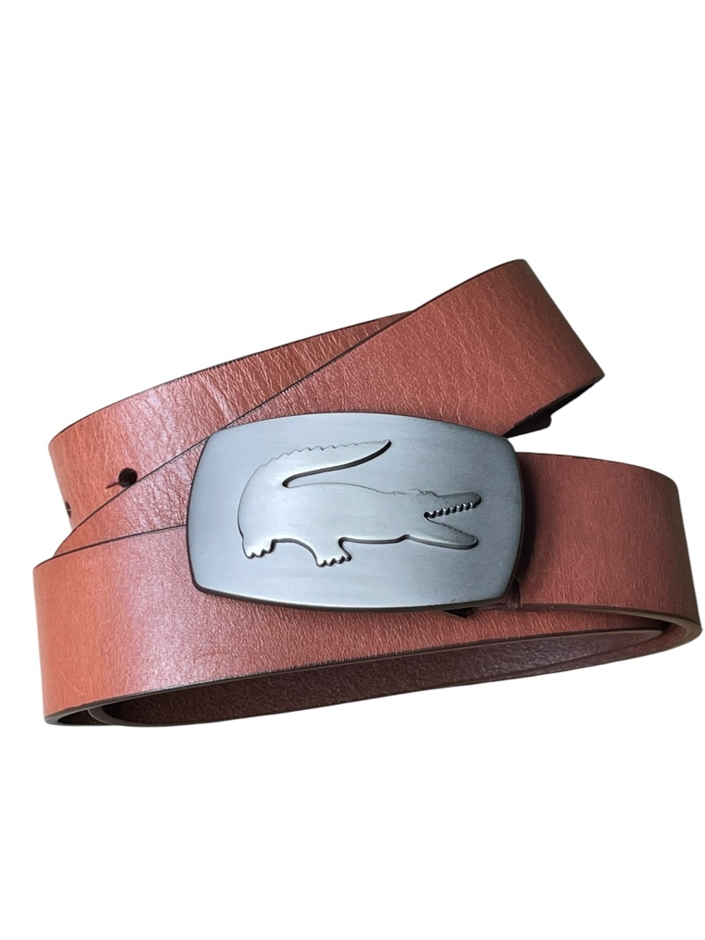 Lacoste Men’s Leather Debossed Logo Wide Brown Belt Sz 38 Large Buckle Alligator